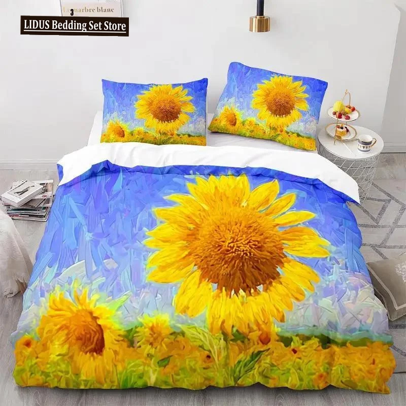 

Oil Painting Duvet Cover Set Queen Blooming Sunflowers Twin Bedding Set Blue Sky White Cloud Landscape Polyester Comforter Cover