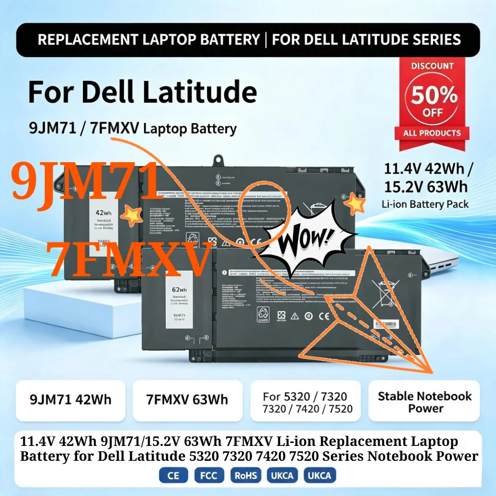 9JM71 11.4V 42Wh/7FMXV 15.2V 63Wh Li-ion Replacement Laptop Battery for D ell Latitude 5320 7320 7420 7520 Series Notebook Power