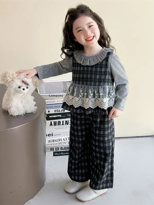 

Trendy Girls Autumn Outfit 2025 Plaid Ruffle Trimmed irt Wide Leg Pants Tee Piece Set Faionable Kids Clothing Set