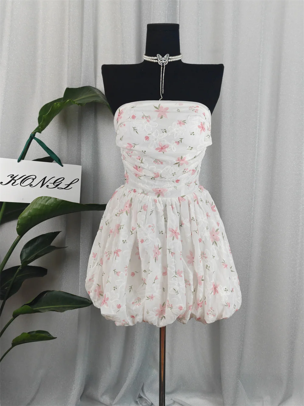

Pink Strapless Backless Mini Princess Dress Elegant Women Floral Print Birthday Celebrity Dresses Night Club Gowns Vestido