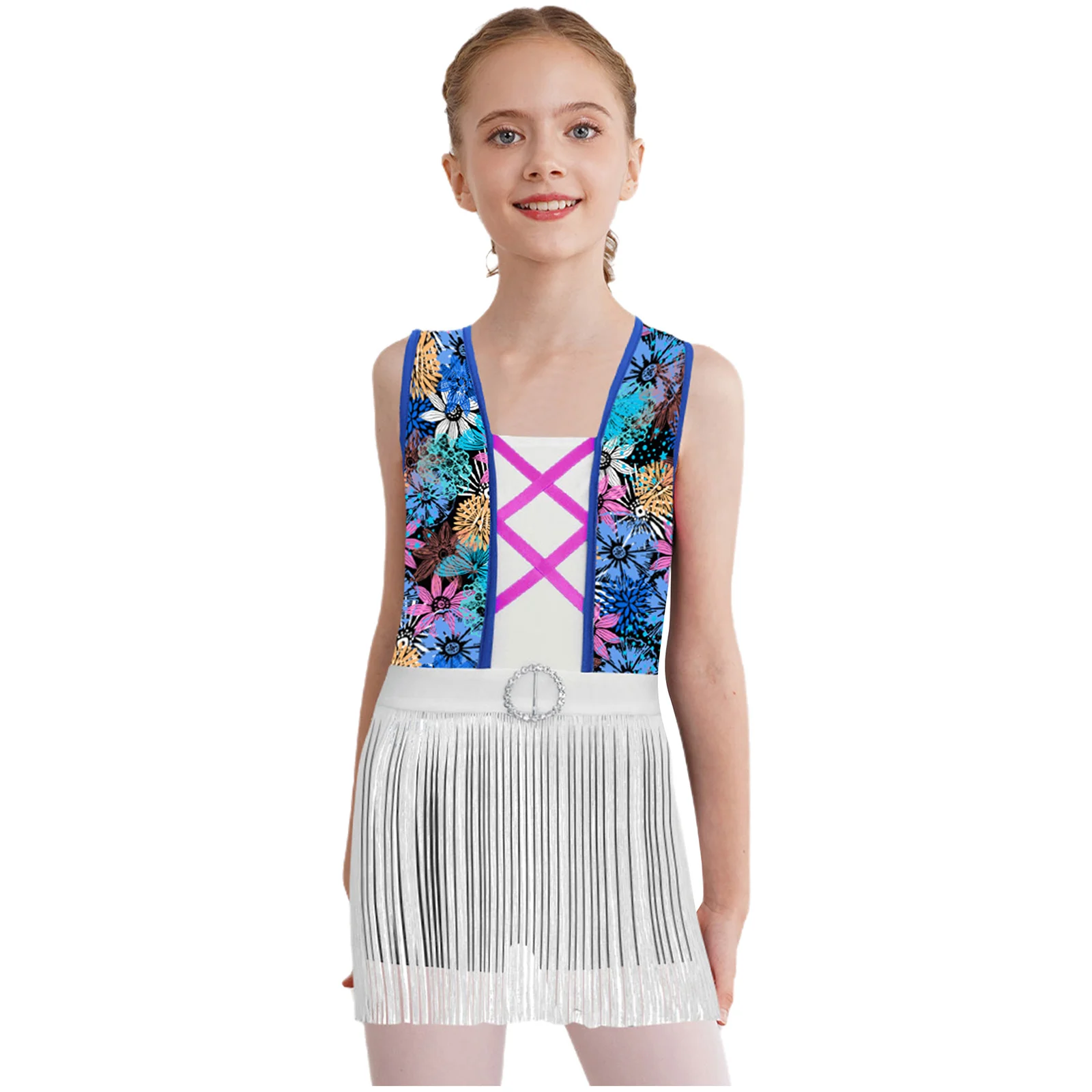 2 uds niñas danza moderna Salsa latina salón de baile Cha traje de baile estampado Top corto con flecos camiseta sin mangas Top de baile con pantalones cortos