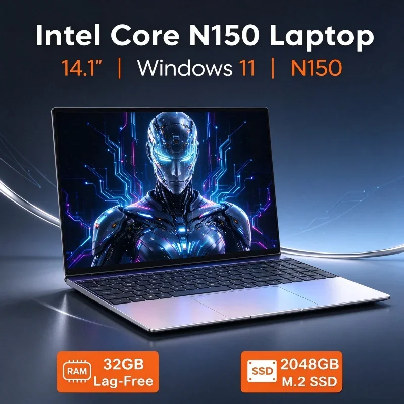 14.1 Inch Portable Notebook Intel N150 32GB RAM 2TB SSD 1920*1080 HD Windows 11 Ultra Slim Computer For Family Use