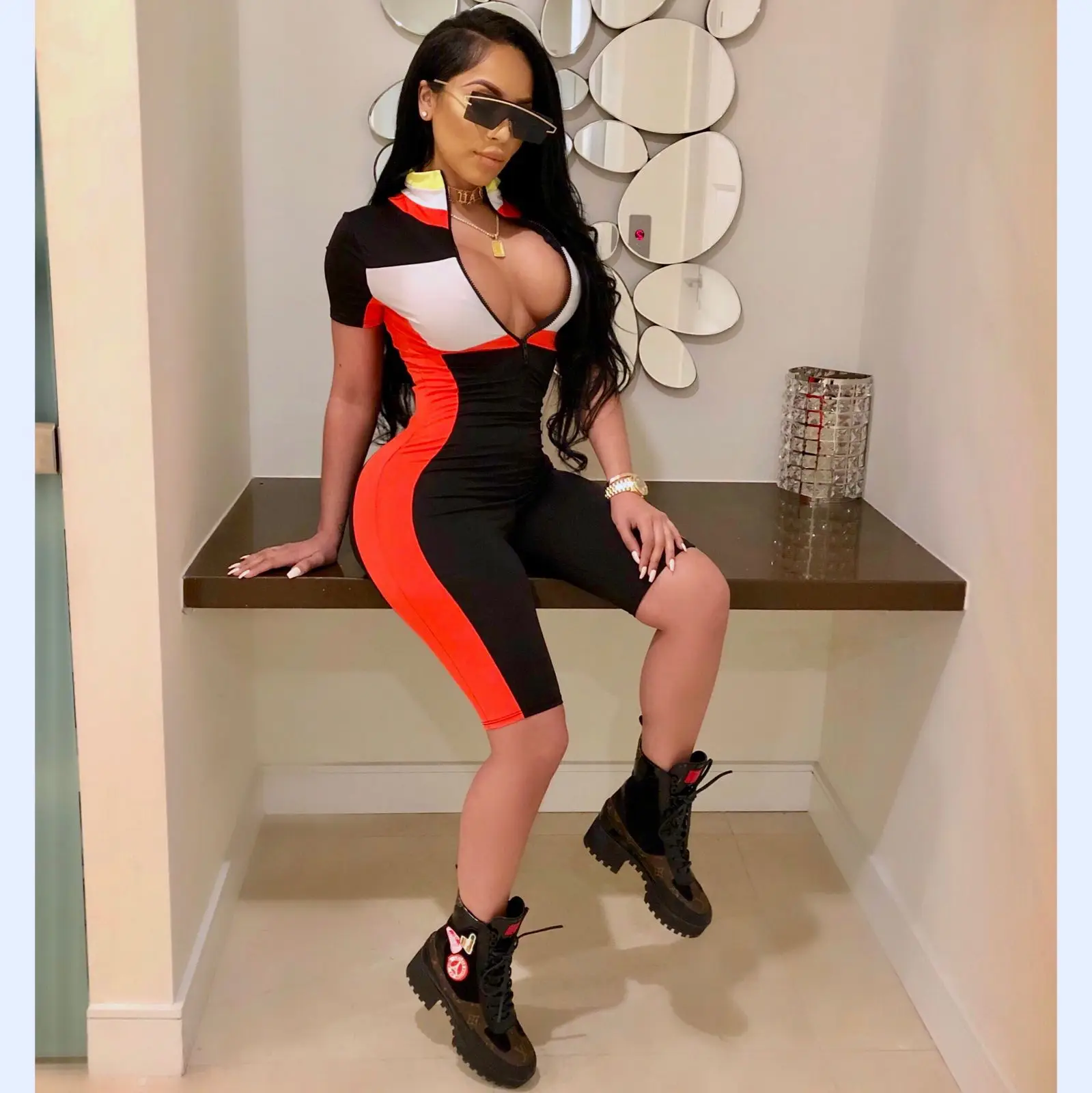 

Women's Stand-Up Collar Athleisure Jumpsuit European And American Sexy Zipper Deep V-Neck Jumpsuit