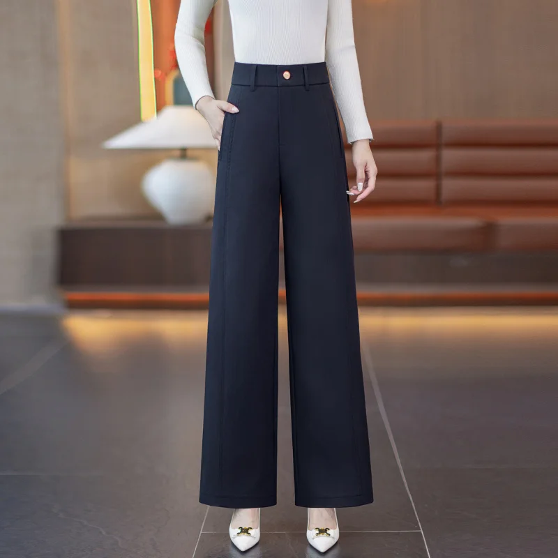 Pantaloni da abito da pendolare dritti drappeggiati a vita alta Donna Primavera Autunno Nuovi pantaloni larghi casual versatili dimagranti larghi