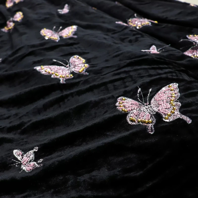 1meter Silk Embroidered Georgette Fabric Black Floral Beaded Sequin Luxurious Soft Drapey Wedding Gown Stage Dress DIY Sewing