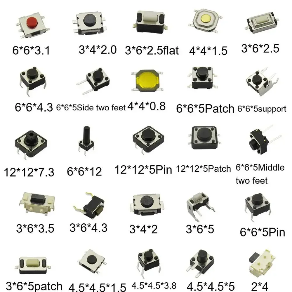 

250pcs/box Micro Switch Assorted Push Button Tact Switches Reset 25Types Mini Leaf Switch SMD DIP 2*4 3*6 4*4 6*6 Diy Kit