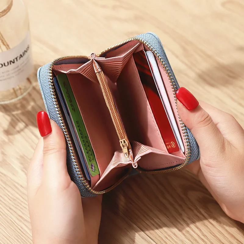 Korean Cute Cat Print Wallet Women Short Wallet  Zipper Card Bag Clutch Bag Coin Purse Credit Card Holder with Tassel Pendant
