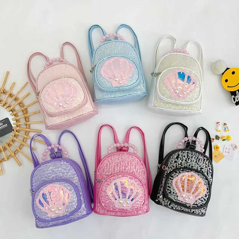 Children's Backpack Shell Sequin Backpack Fashion Handheld Pearl Bag Children's Small School Bag Girls Outdoor Travel Backpack