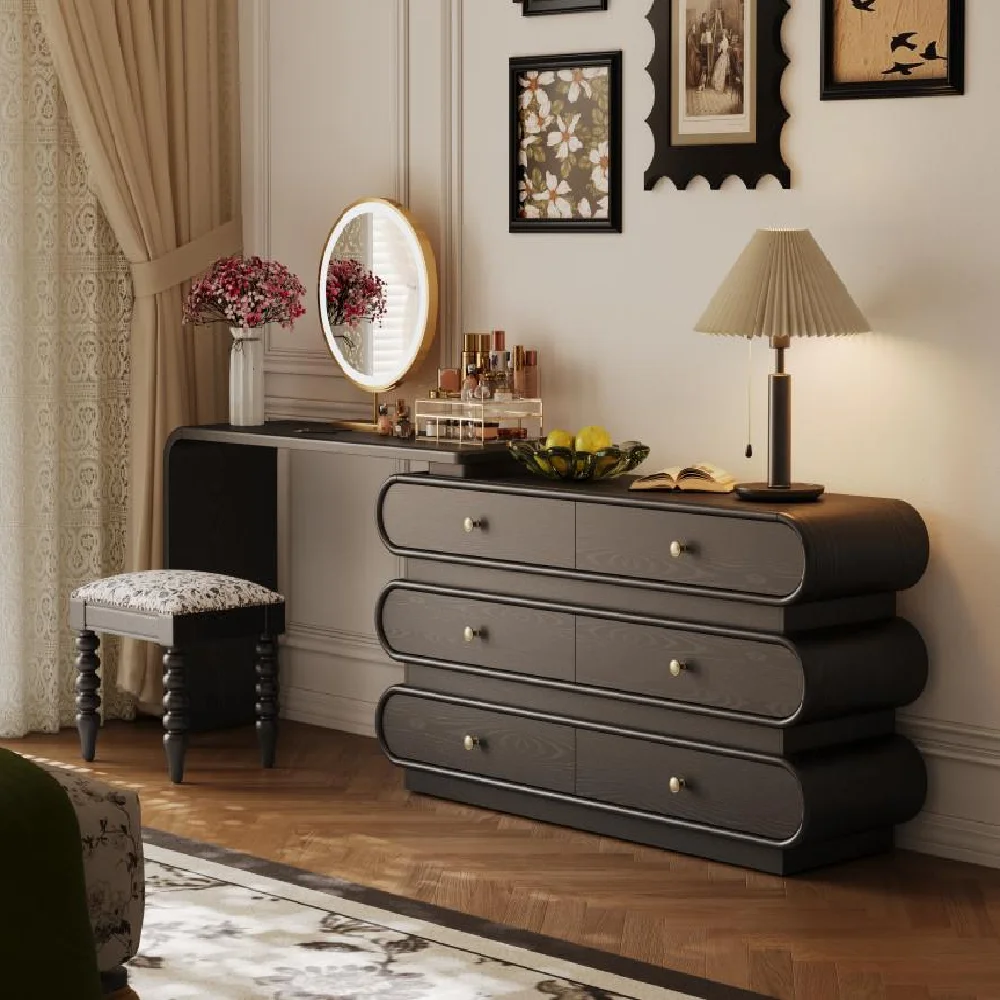 Modern Foldable Solid Wood Dressing Table with Drawers Space-Saving Vanity for Bedroom and Bathroom