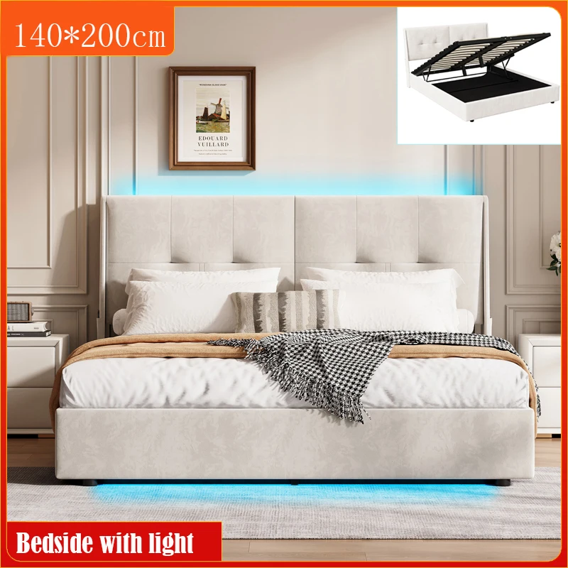 Anajqaqia Letto matrimoniale pneumatico imbottito in velluto da 140 x 200 cm con luci LED + contenitore, beige