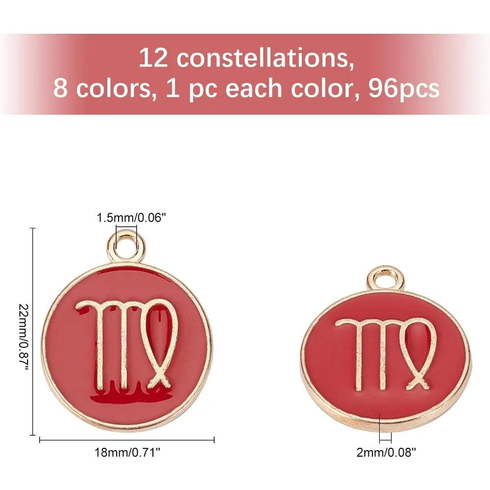 96 Pcs 8 Colors 18mm 12 Constellation Charm Round Enamel Metal Charm Double Sided Pendant for Bracelet Earrings Necklace