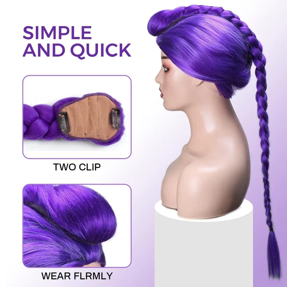 Rabo de cavalo de cabelo roxo trançado sintético, fantasia rumi, rabo de cavalo longo de 26 polegadas com clipes para crianças, meninas, dia das bruxas, natal