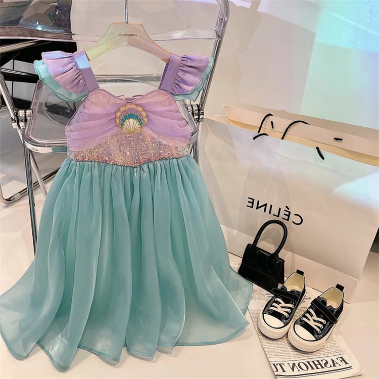 Kids Little Mermaid Summer Girls Casual Dress Ariel Princess Dress Cute Birthday Party Costume Kids Dress