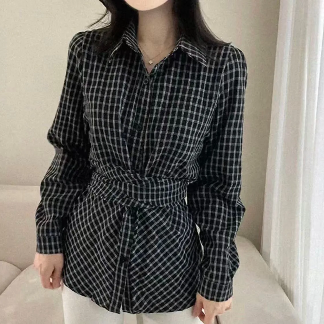 

Chic Korean Sle Women's irt Slim Fit Long Sve Plaid Collar Stand up Cross Design Faionable Agel Trendy Top