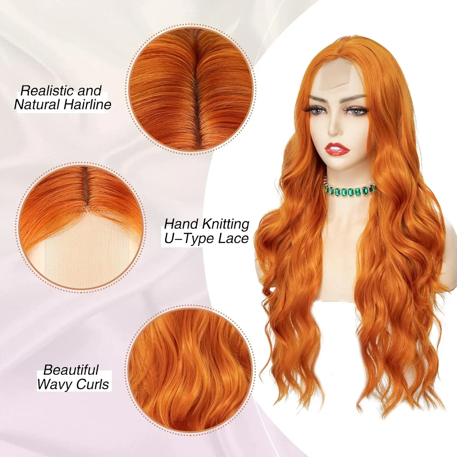 Tereshar Long Ginger Orange Wavy Synthetic Wig for Women Middle Part Curly Wavy Wig Heat Resistant Fiber Wig for Daily Party Use