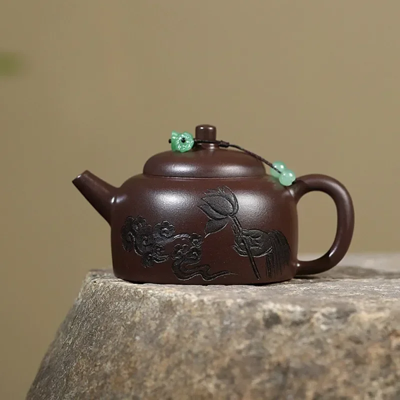 Chinese Yixing Purple Clay Teapot Handmade Raw Ore Old Purple Mud Tea Pot Hand-carved Lotus Kettle Household Zisha Tea Set 240ml