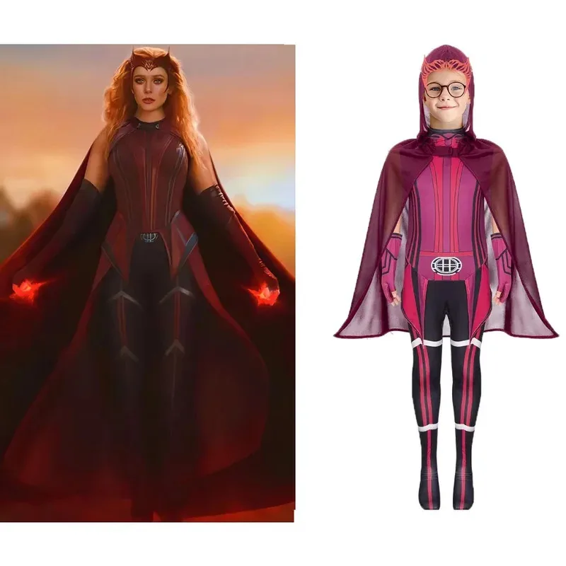 Kids Superhero Scarlet Witch Cosplay Costume with Headdress Cloak The Avengers Role Playing Clothing