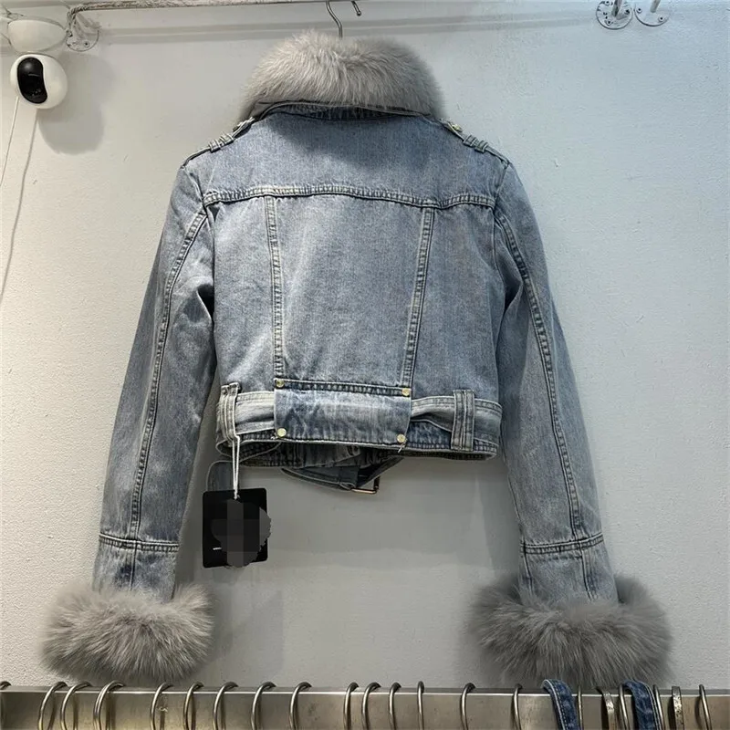 winter new faux fox fur collar rabbit hair inner liner warm denim jacket women Vintage loose short jeans coat Female tide T689