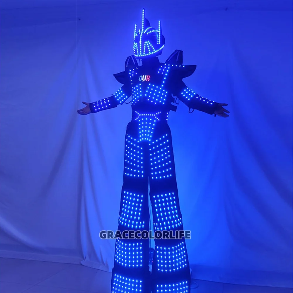 LED Light Up Stilt Robot Costume Futuristic RGB Glowing Full Body Suit for Nightclub Show & Festival Performance