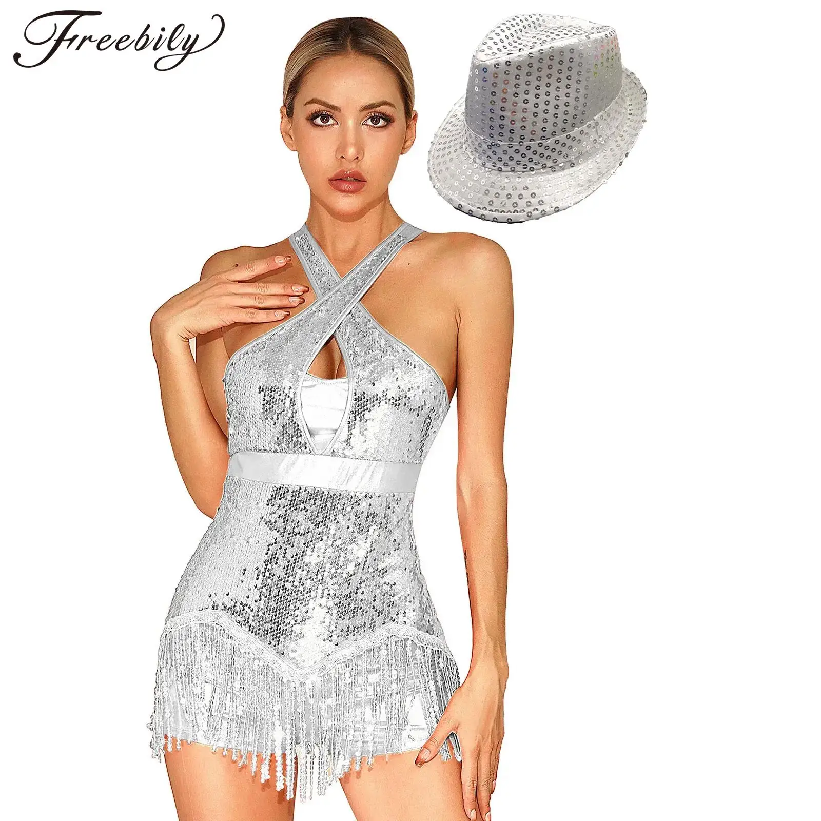 Damen Pailletten Latin Dance Trikot Metallic Quaste Fransen Bodysuit Sets für Ballsaal Tango Rumba Cha-Cha Latin Quaste Bodysuit