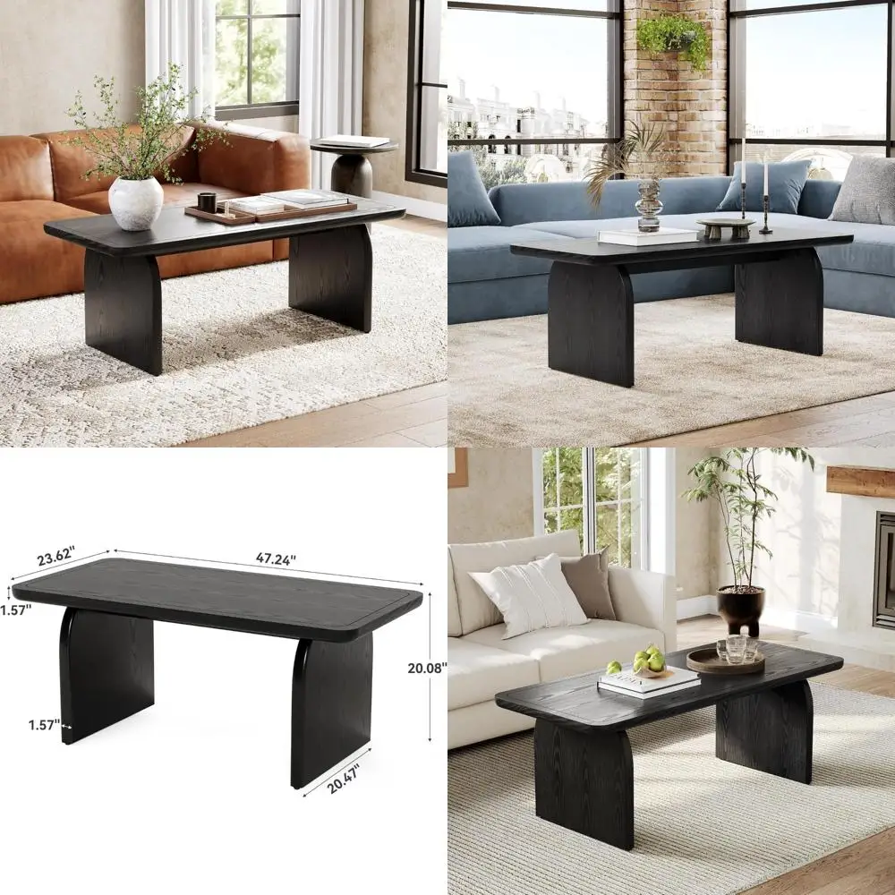 

LITTLE TREE Farmhouse Coffee Table, 47 Inches Wooden Center Tables with Rounded Corners, Rectangular Living Room Tables, Modern