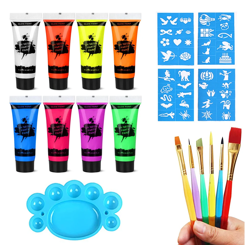 8 Pack UV Neon Face Paint Set Glow in the Dark Body Paint Fluorescent Brightest Glow Under UV for Child Makeup Halloween Party