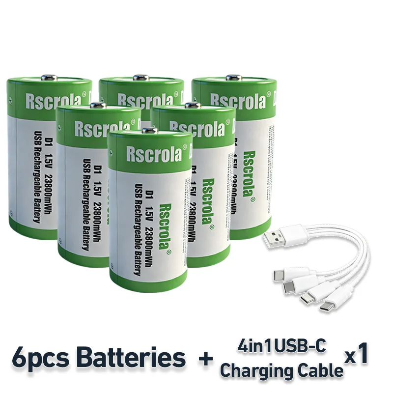 Hoge capaciteit 1.5V 23800mWh USB oplaadbare D-cel lithium batterij (LR20) voor gasfornuis, waterverwarmer, zaklamp, radio's