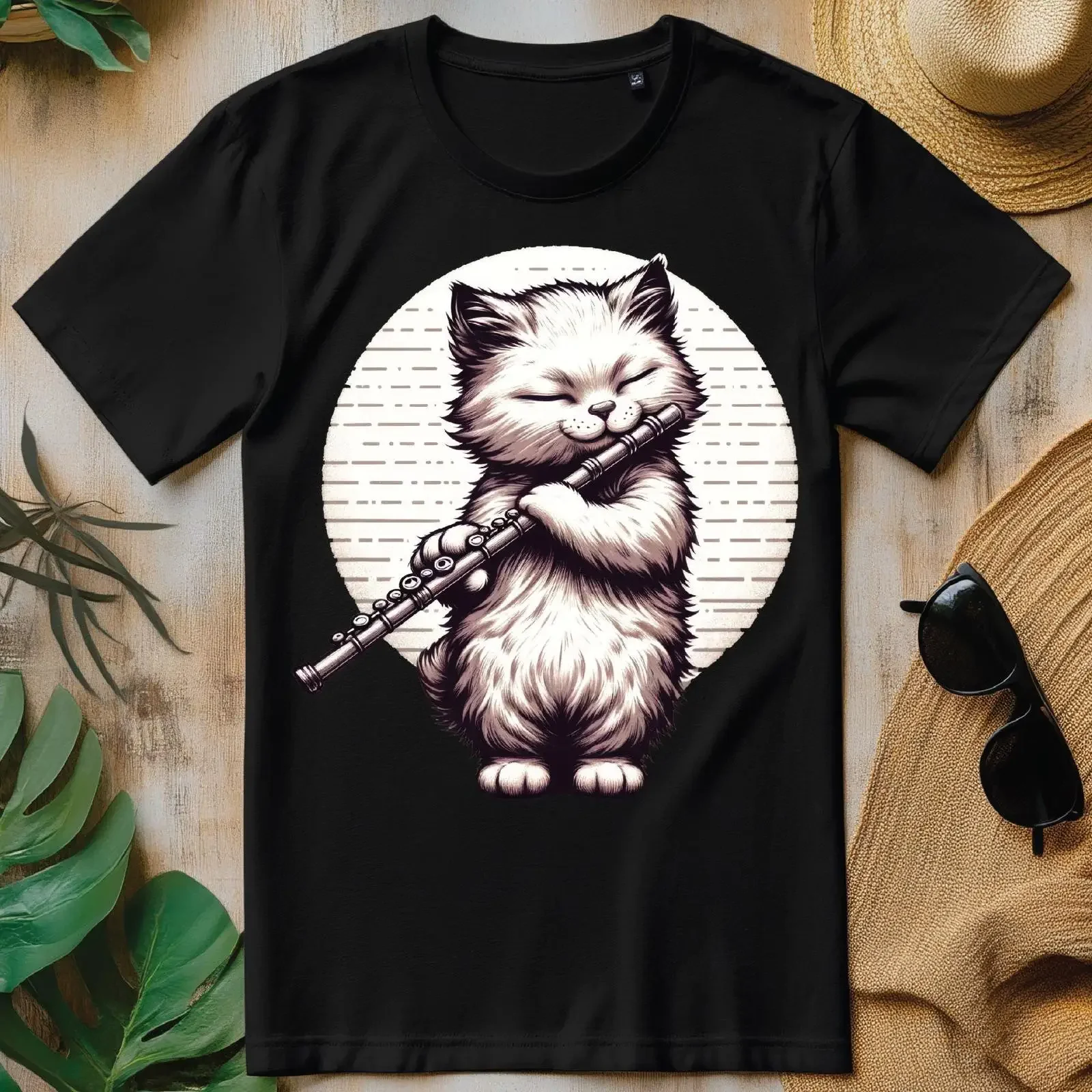 Cat Playing Flute Musician Music PNG Funny Lover T shirt Design vintage Washed fashion streetwear graphic Comfortable