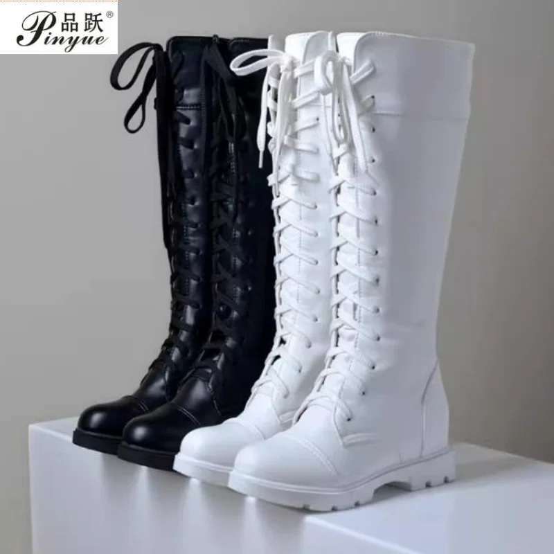 Women Lace Up Knee High Boots Autumn Soft Leather Fashion White Square Heel High Pu Boots Large Size 34-43