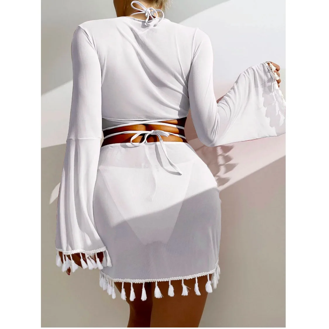 Conjunto de Bikini liso con borlas para mujer, ropa de playa Sexy, ropa deportiva ajustada, traje de baño para playa, traje de baño dividido con tirantes, cubierta de cintura alta, 4 Uds.