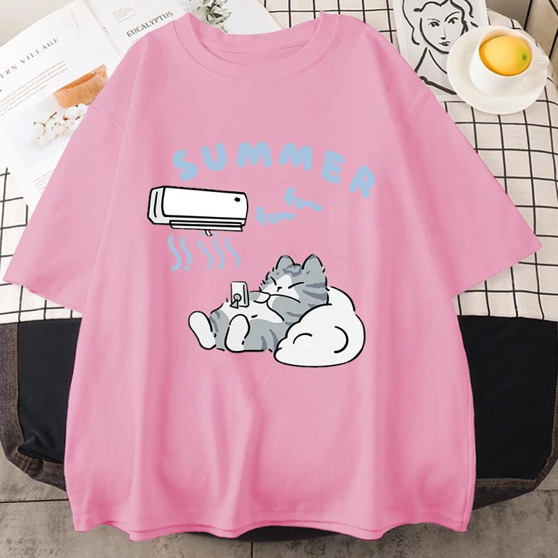 جديد لطيف القط متعة طباعة تي شيرتات قصيرة الاكمام المرأة الرجال الصيف فضفاض عادية نصف كم لينة أسفل حجم كبير قميص أعلى