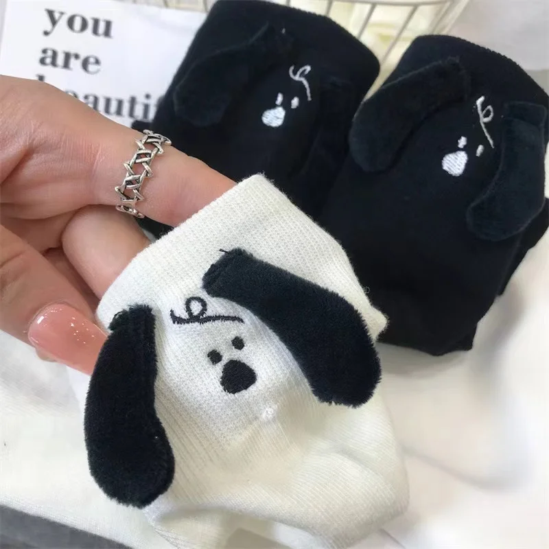 Happy Funny 3d Doll Eared Knitted Puppy Dog White Socks Women Cute Streetwear Novelty Gift White Cartoon Eyes Couples Sox Socks