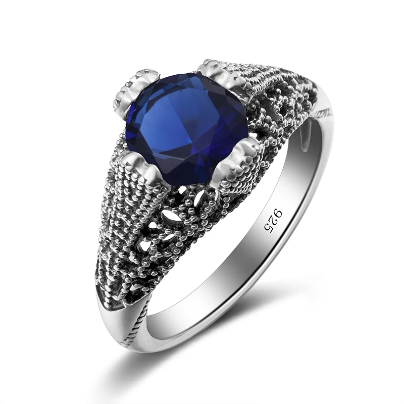 Vintage 925 Sterling Silver Ring Round Created Sapphire Engagement Promise Ring Retro Antique Wedding Band Fine Jewelry Gift 