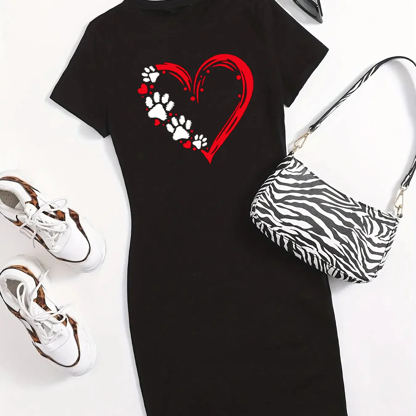 Summer Women's Card Love Cat Footprint Print Casual Slim Fit Short Sleeve Round Neck T-shirt Mini Dress