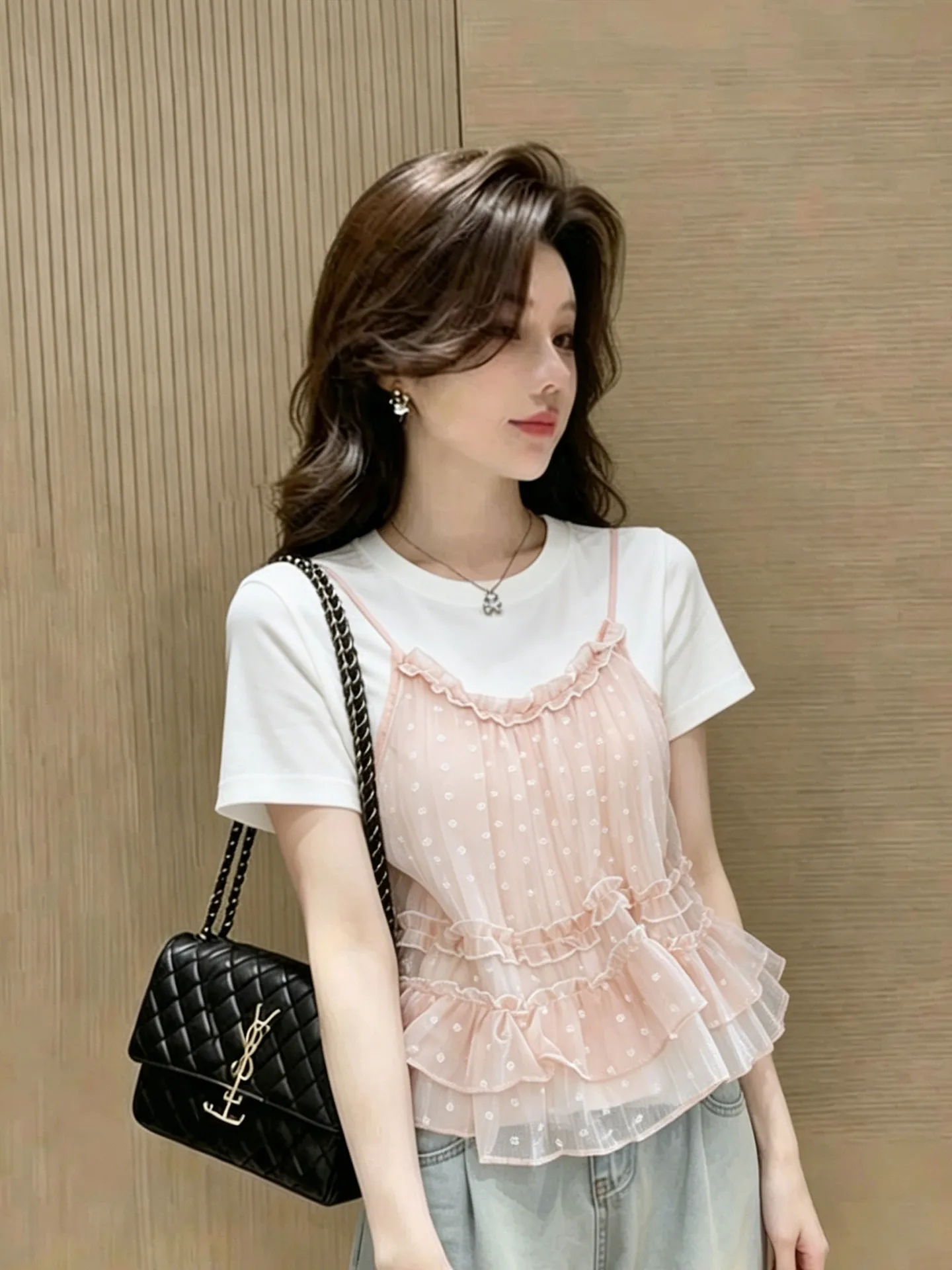 Summer New Gentle Atmosphere Floral Lace Halter Neck Top Korean Style Short Sleeve Knitted Cotton Blend Basic Fit T-Shirt