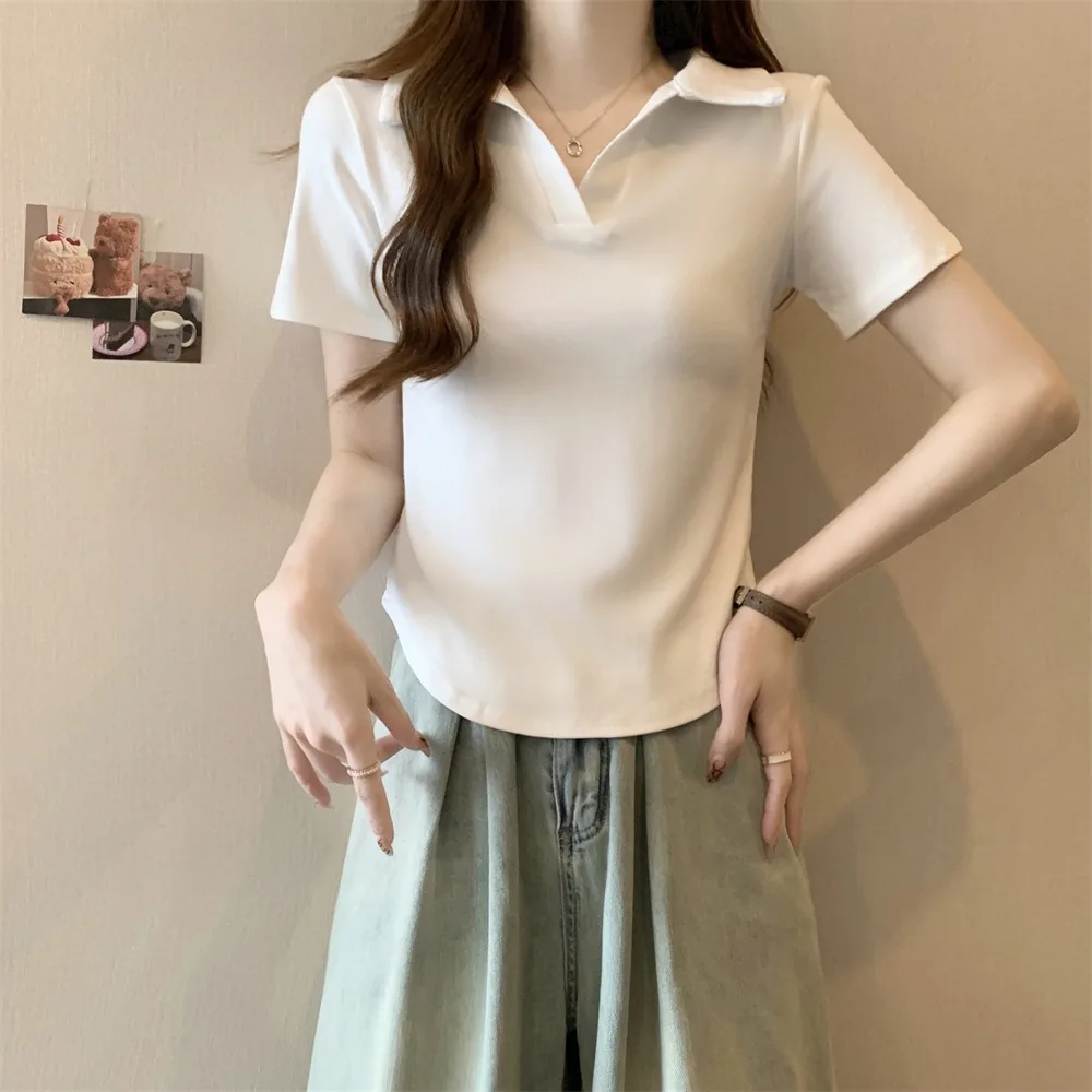 

Elegant V-neck Short Sleeve T Shirt Slim Fit All-match Y2k Crop Tops Women Fish Bone Pullover Polo Neck Blouses Summer
