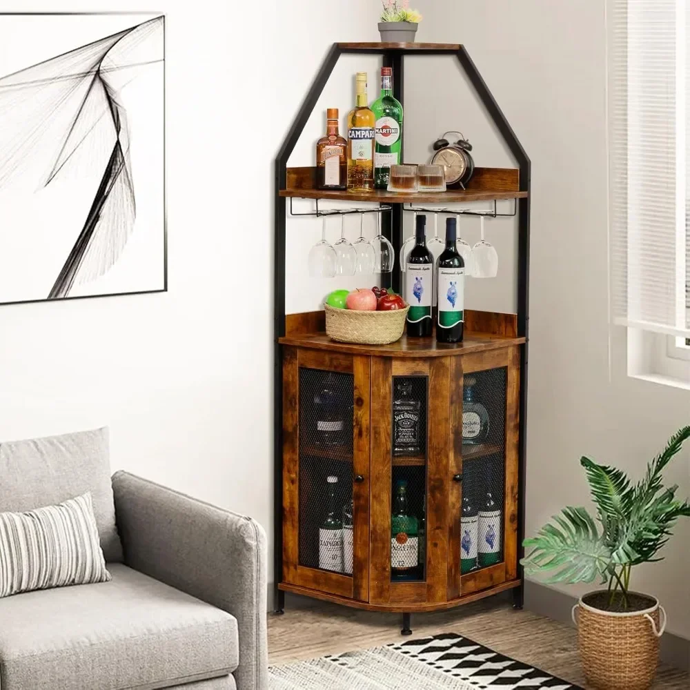 Corner Bar Cabinet,5-Tier Wine Bar Cabinet with Storage,Liquor Cabinet with Glass Holder,Corner Shelf Liquor Cabinet Bar