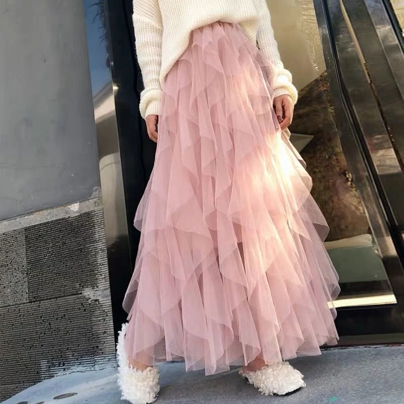 Tutu Tulle Long Mesh Skirt Women Fashion 2024 Korean Cute Pink High Waist Pleated Skirt Mesh Female Lady Aesthetic Faldas