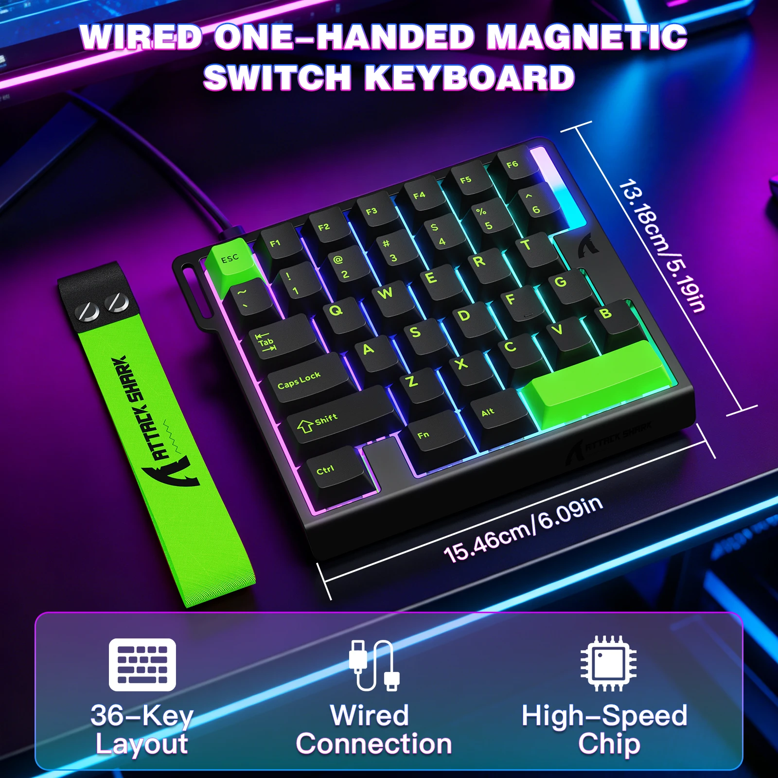 ATTACK SHARK M36 HE One-Handed Magnetic Switch RGB Wired Keyboard, 8000Hz Polling Rate, 0.01mm RT, 128K Scan Rate, Web Driver
