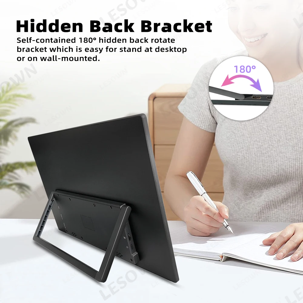 LESOWN UHD 14 Inch Travel Screen Driverless Extended Screen with Kickstand for Business Travel