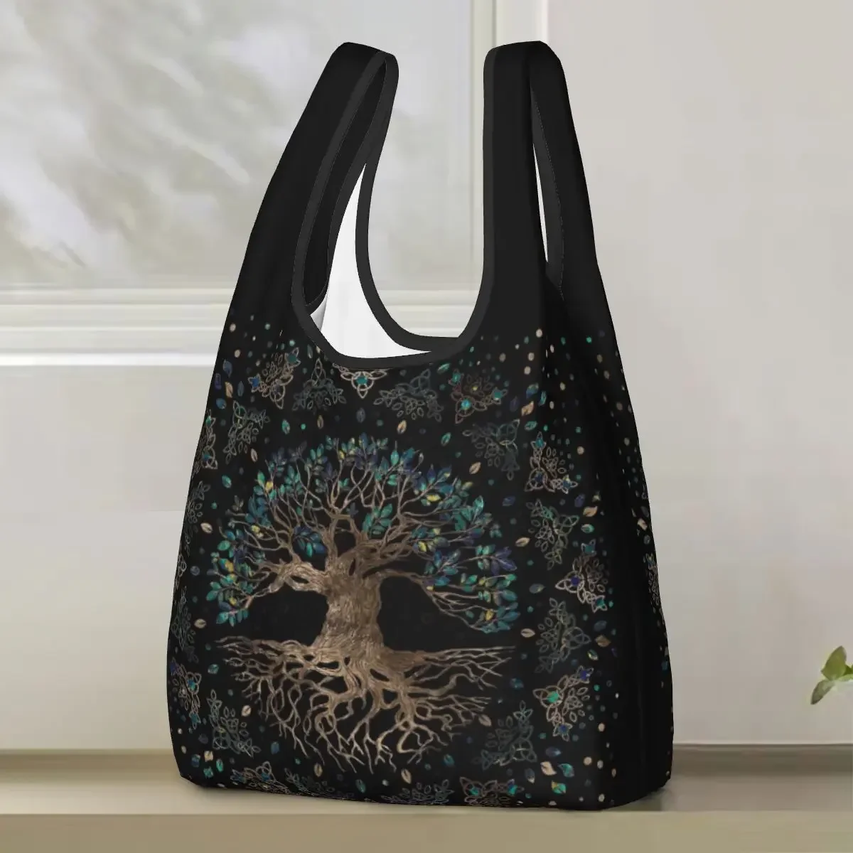 Tree Of Life -Yggdrasil Golden And Marble Ornament Shopping Bag Portable Tote Bags Foldable Shoulder Shopper Bag Grocery Handbag