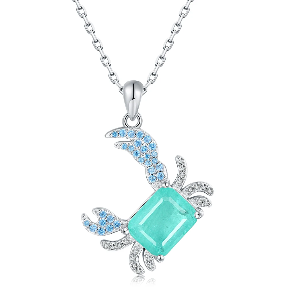 

925 Sterling Silver Sparkling Crab Pendant Green Paraiba Zircon Ocean Necklace Jewelry Mother's Day Summer Gifts for Women Mom