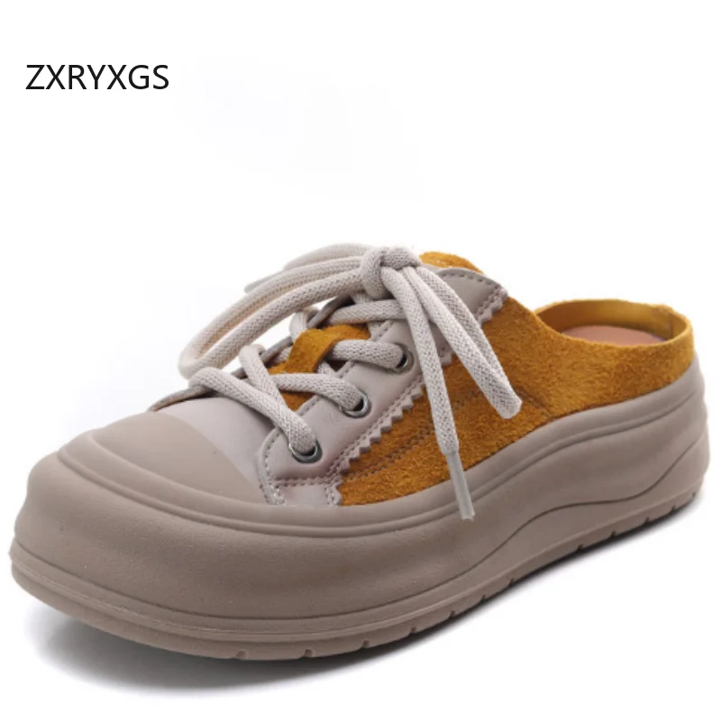 

ZXRYXGS 2025 Cross Straps Frosted Cowhide Full Real Leather Shoes Woman Wearing Outside Slippers Platform Increase Slipper Tide