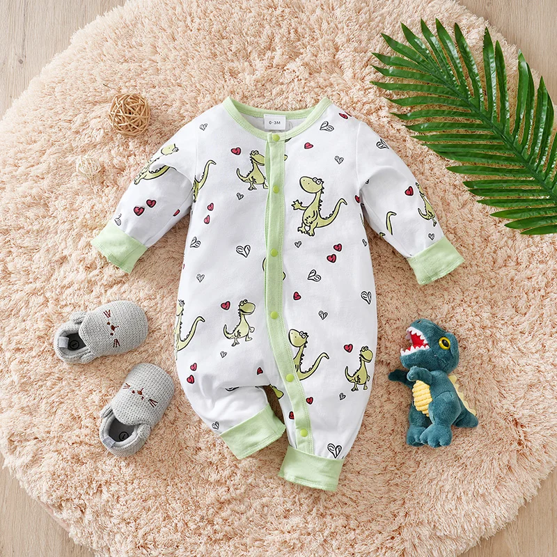 Baby Romper Lovely Cute Cartoon Dinosaur Print Soft Cotton Long Sleeve Full Button Newborn Infant Fall Winter Onesie Bodysuit