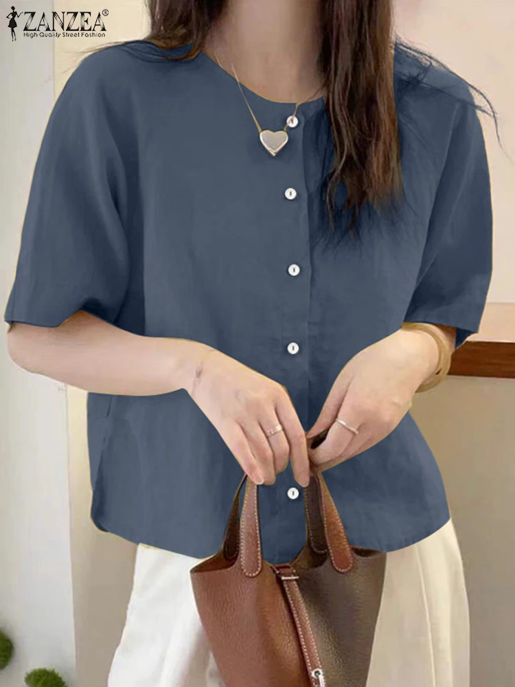 ZANZEA Summer Shirts Women Loose Cotton Tops 2025 Fashion Tunic O Neck Short Sleeve Femininas Casual Buttons Tunic Oversized