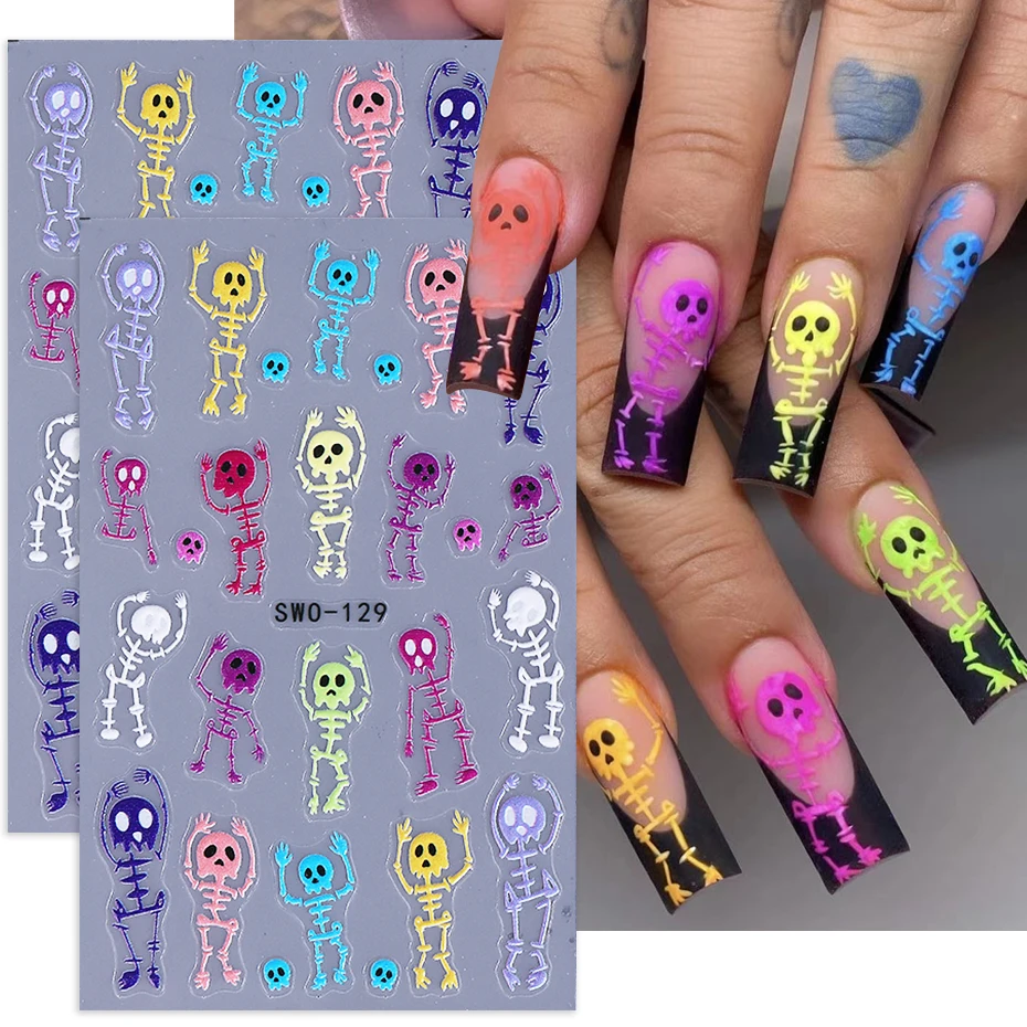 2pcs Skeleton Halloween Nail Stickers Cartoon Skull Heads Textured Design Slider Decals DIY Nail Decoration Manicure Accessories