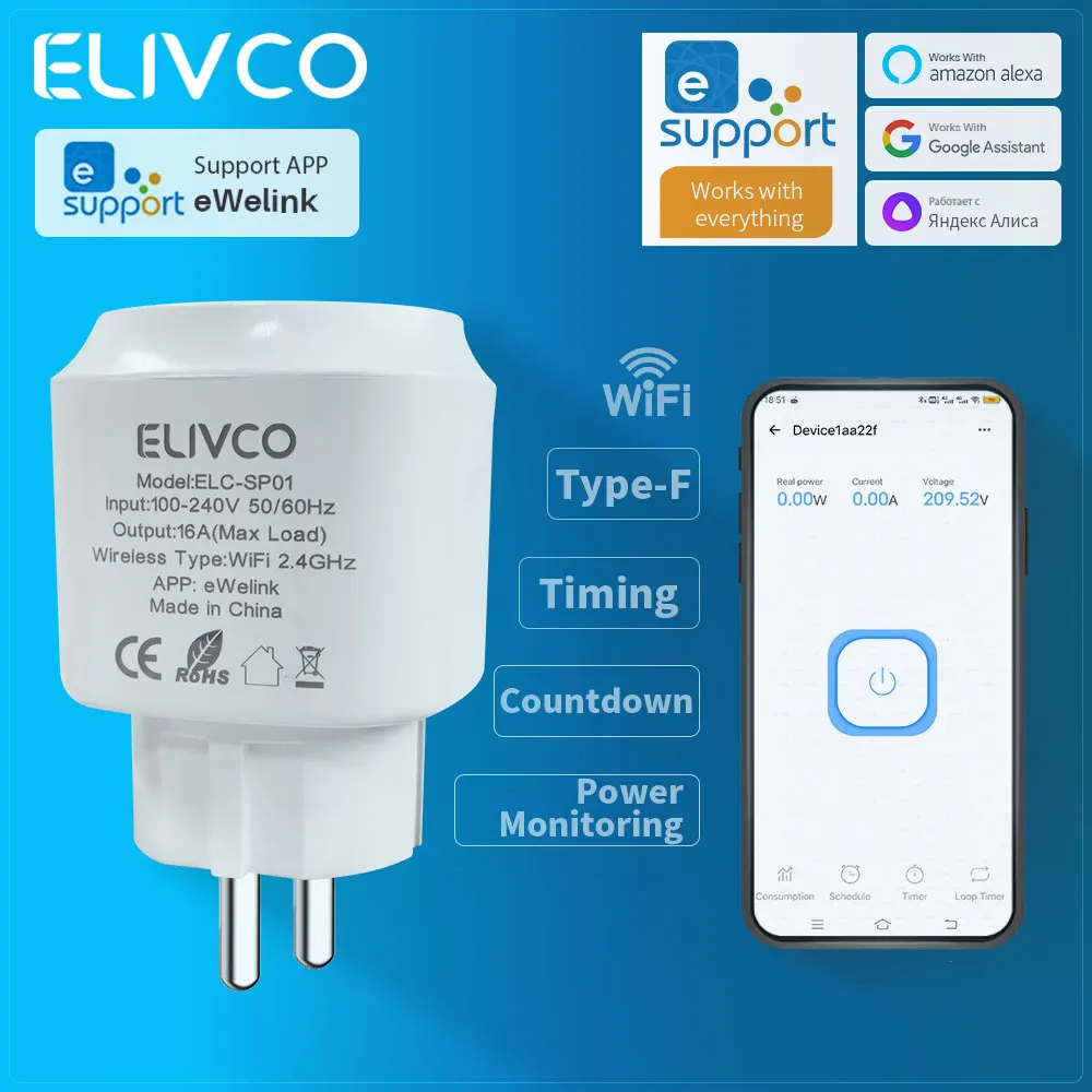 

eWelink Smart Plug WiFi Socket With Timing/Countdown/Power Monitoring Supports Google Assistant/Alexa/Smartthings/Alice/Salute