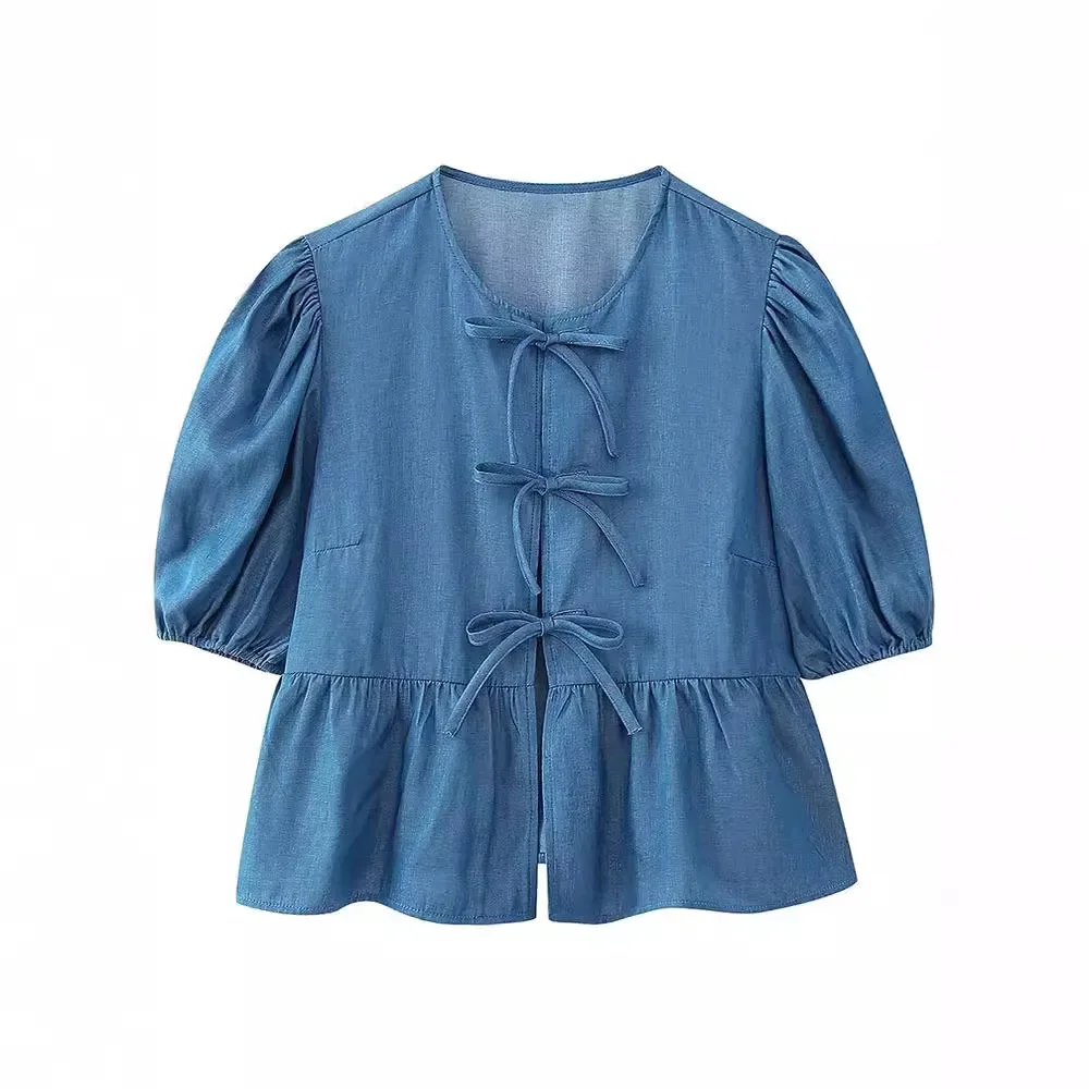 

Women's Lace Up Denim Blouse Spring 2024 New Fashion Summer Bow Half Sleeve Shirt for Women Casual Chic Ladies Shirt