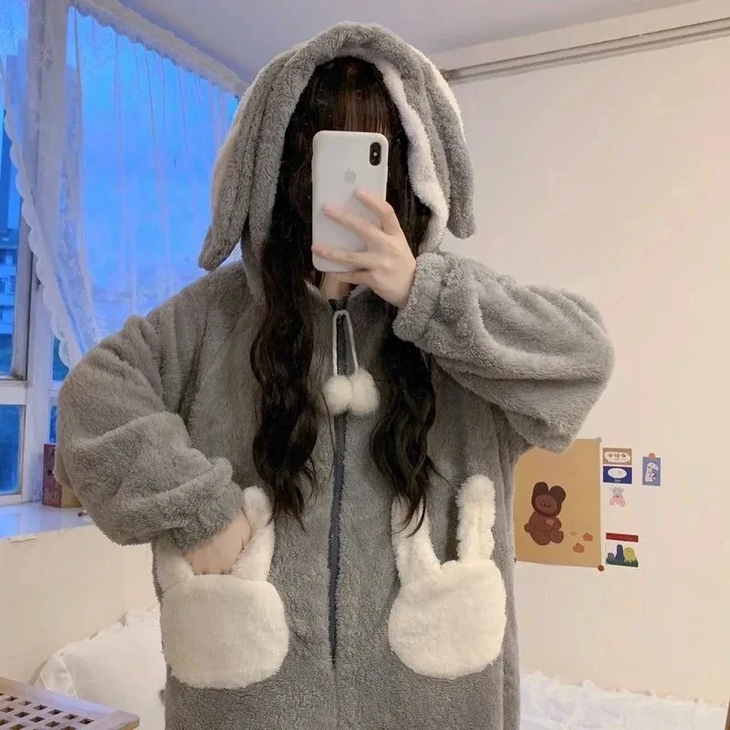 Sweet Gray Hooded Bodysuit Role Playing Anime Cartoon Rabbit Costume Cute Winter Warm Plush Pajamas Couple Home Clothes Set Suit