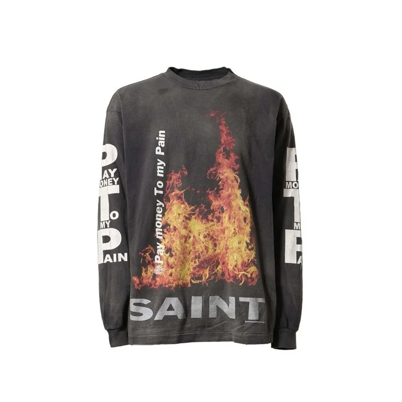 High Street 24ss Vintage Washed Long Sleeve T-Shirt Saint Man Woman Loose Printed Tops 100% Cotton Casual Fashion T Shirt Tees